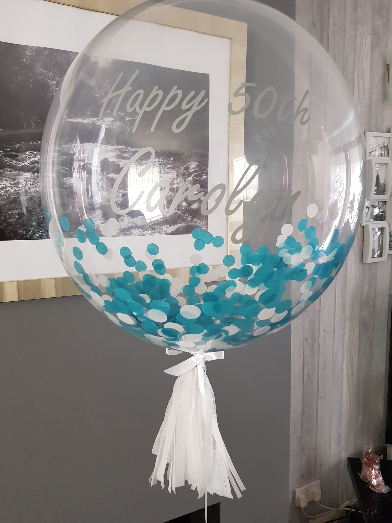 Personalised balloon with blue and white Confetti inside and Silver vynal lettering